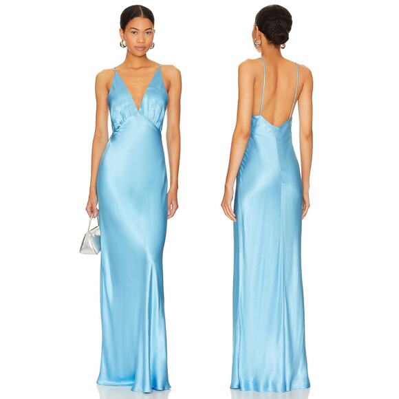 Bec + Bridge Lorelai V Maxi Dress Satin Ruched Formal Wedding Guest Blue Size 4 - Picture 1 of 10